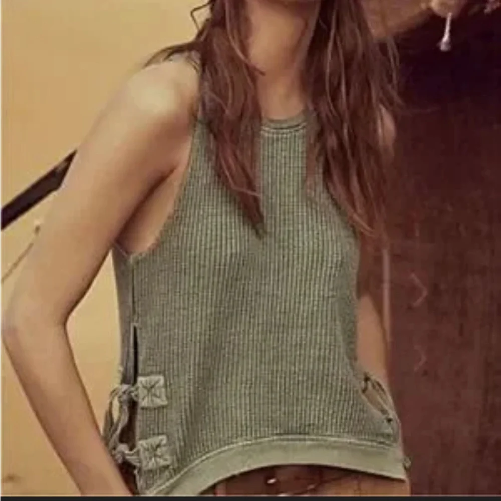 Free People Olive Knit Tank with Tie Accents - Picture 3 of 8